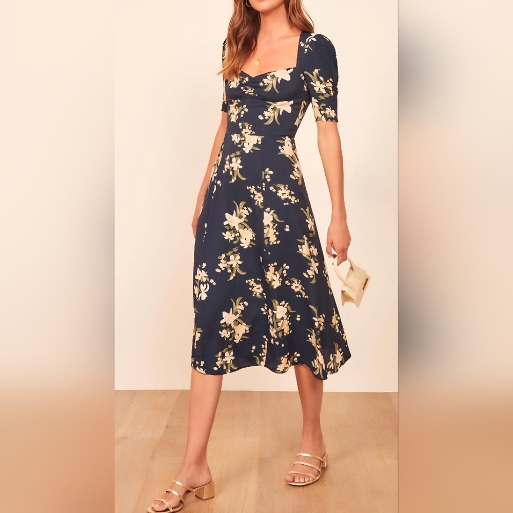 Reformation Floral Navy Midi Skirt | SIZE 12 - Picture 3 of 12
